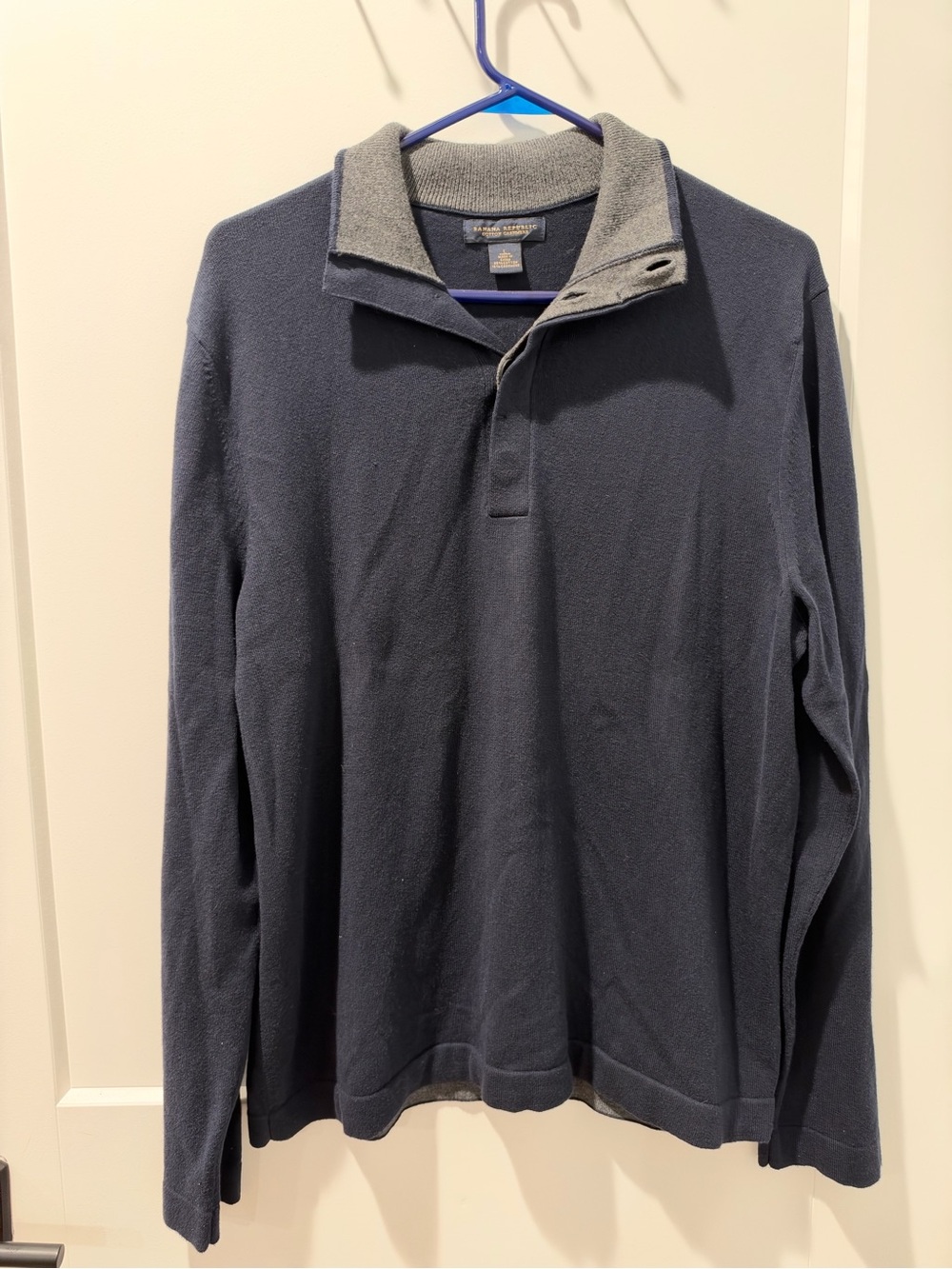 Banana Republic Classic Navy Quarter-Button Men's Sweater with Grey Collar